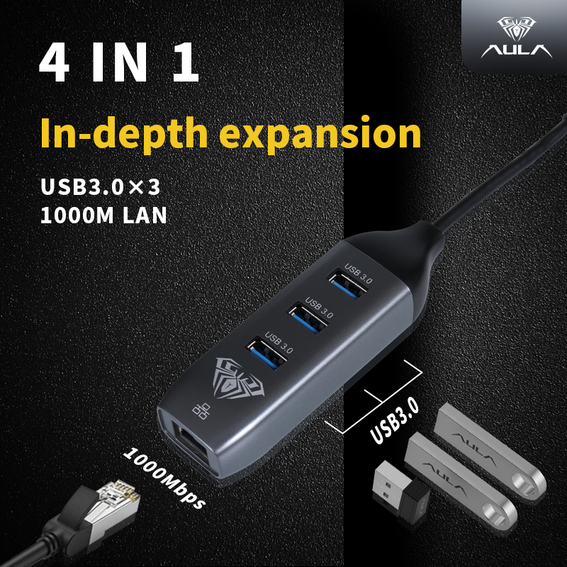AULA OT-95118R 4 in 1 USB-C HUB to USB3.0*3+1000M LAN (图2)