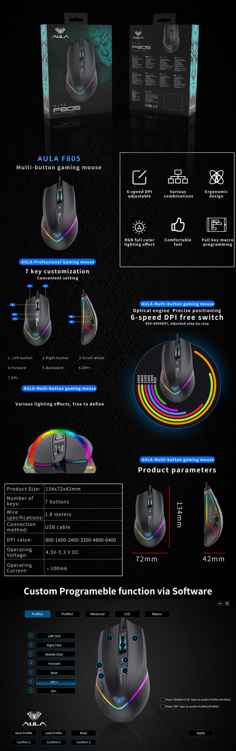 AULA F805 Wired Gaming Mouse Full color Breathing Optical Ergonomic Gaming Mice Ergonomic Design Computer Mouse for Windows PC Gamers(图1)