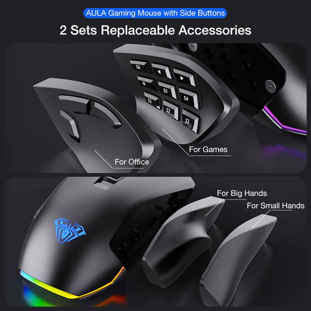 AULA Gaming Mouse H510 with Slide Button,RGB Streamer Lighting Effect and 2 Sets Replaceable Accessories(图3)