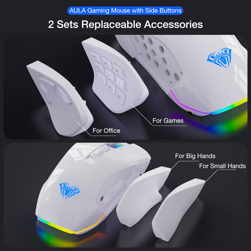 AULA Gaming Mouse H510 with Slide Button,RGB Streamer Lighting Effect and 2 Sets Replaceable Accessories(图13)