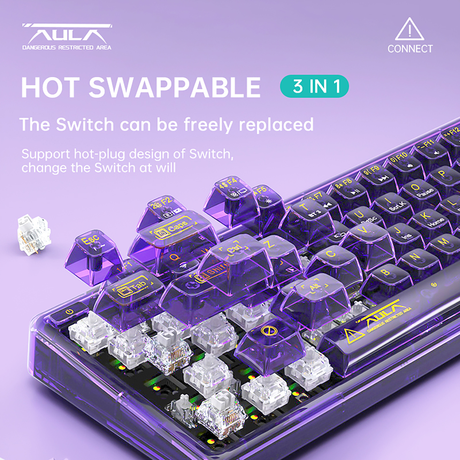 AULA F68  GASKET 3 in 1 Hot Swappable Mechanical  Gaming transparent Keyboard-Purple(图2)