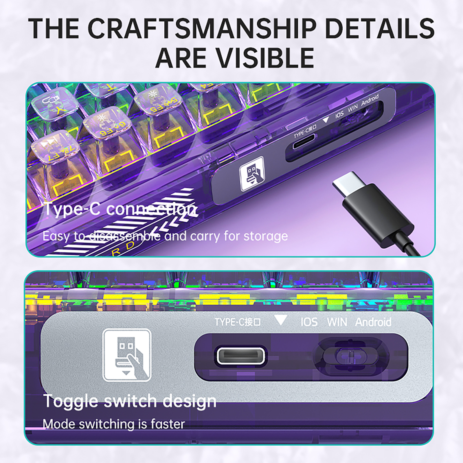 AULA F68  GASKET 3 in 1 Hot Swappable Mechanical  Gaming transparent Keyboard-Purple(图5)