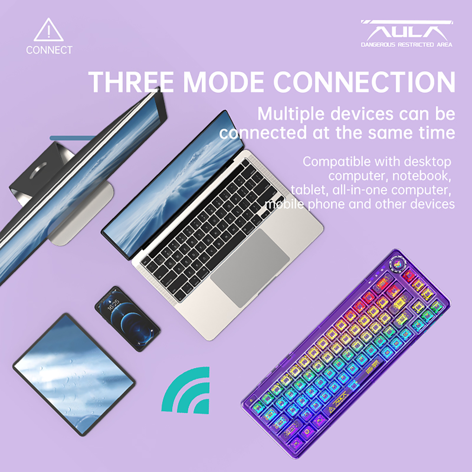 AULA F68  GASKET 3 in 1 Hot Swappable Mechanical  Gaming transparent Keyboard-Purple(图1)
