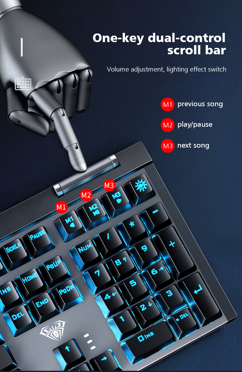 AULA F3030 Two-color Injection Keycaps N-key Rollover Ice Blue Backlight Wired Gaming Mechanical Keyboard(图3)