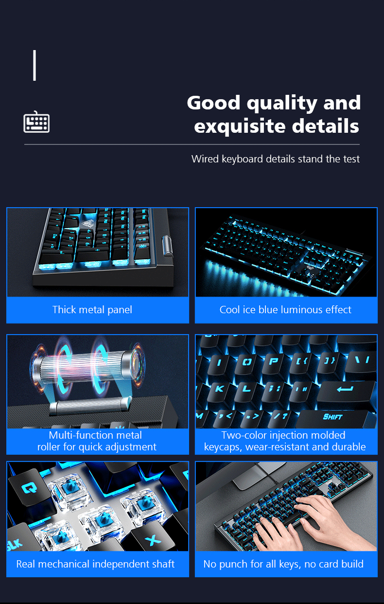 AULA F3030 Two-color Injection Keycaps N-key Rollover Ice Blue Backlight Wired Gaming Mechanical Keyboard(图4)