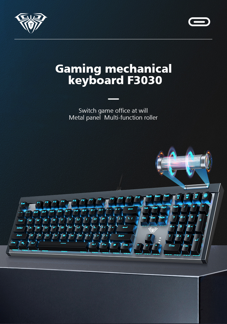 AULA F3030 Two-color Injection Keycaps N-key Rollover Ice Blue Backlight Wired Gaming Mechanical Keyboard(图1)