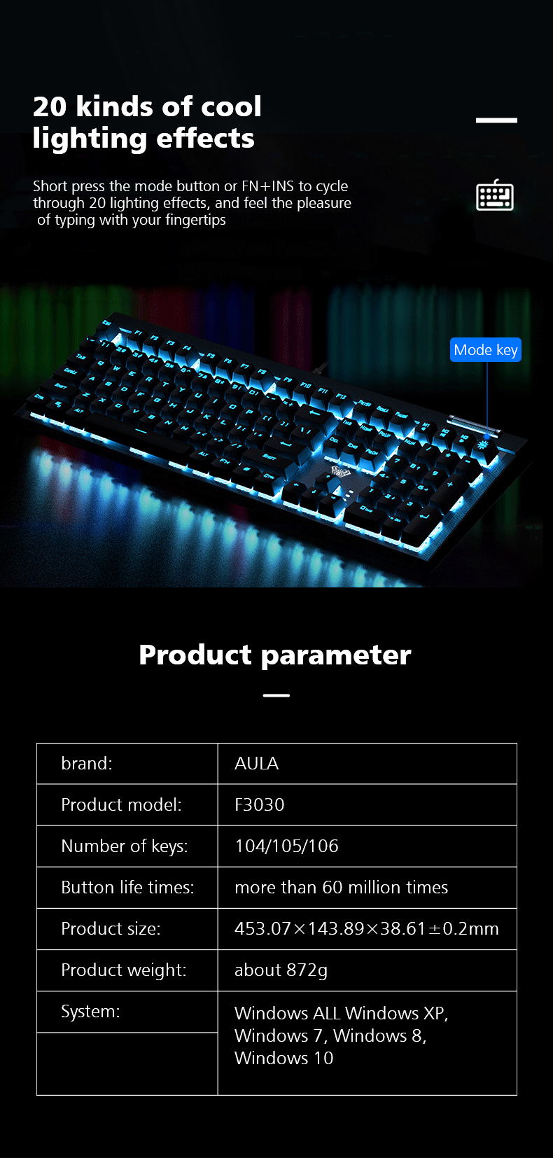 AULA F3030 Two-color Injection Keycaps N-key Rollover Ice Blue Backlight Wired Gaming Mechanical Keyboard(图12)