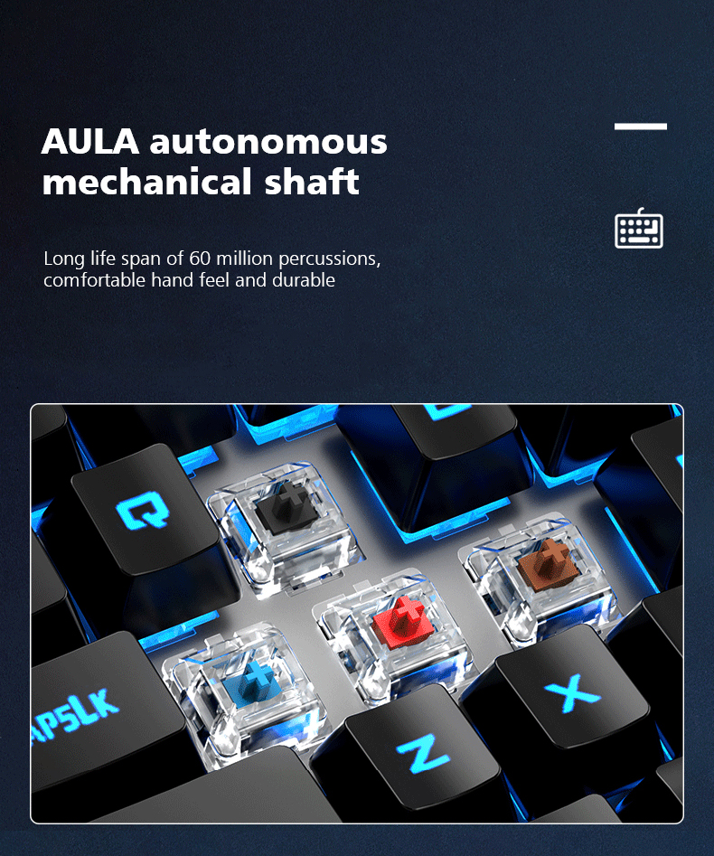 AULA F3030 Two-color Injection Keycaps N-key Rollover Ice Blue Backlight Wired Gaming Mechanical Keyboard(图7)