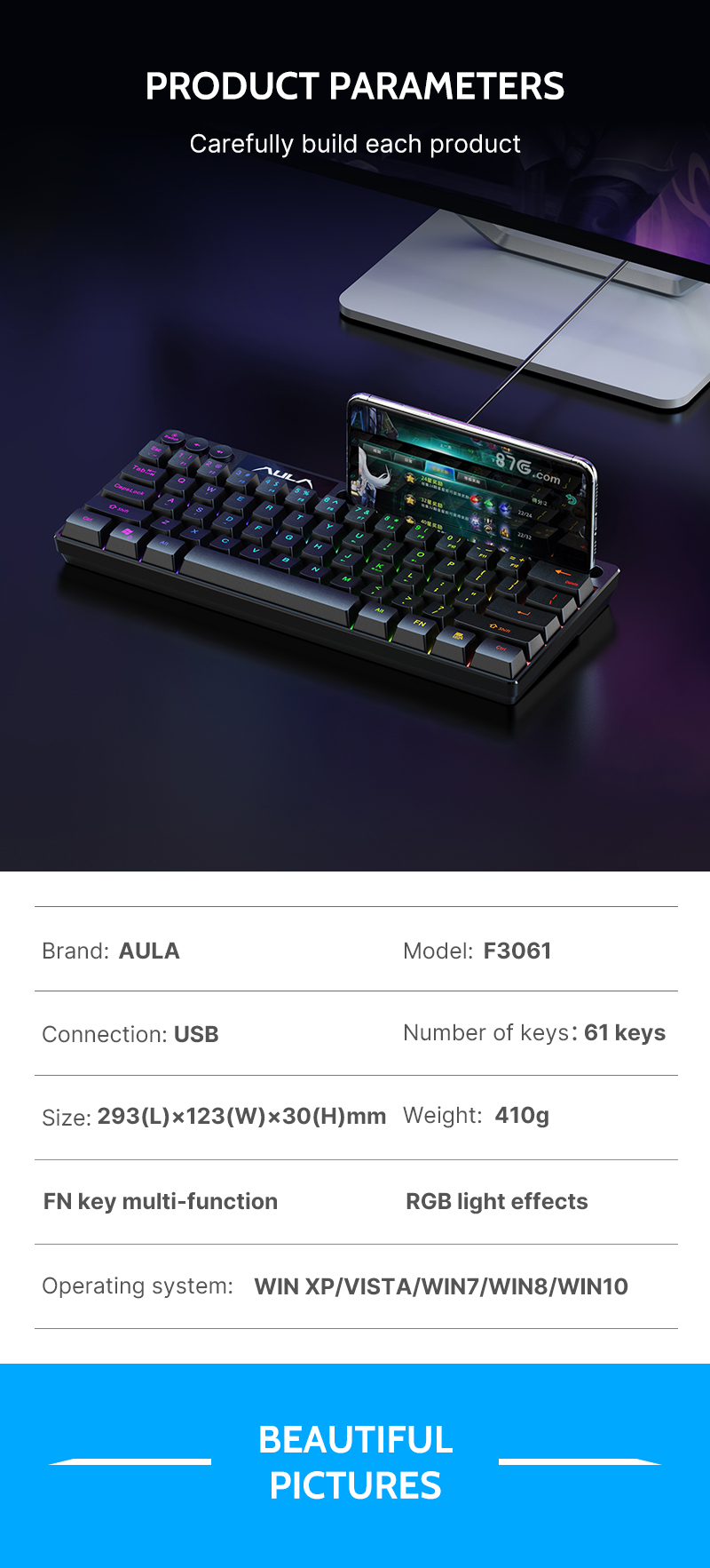 AULA F3061 wired mechanical feel keyboard desktop laptop small 61 key gaming keyboard for office gamerPink(图9)