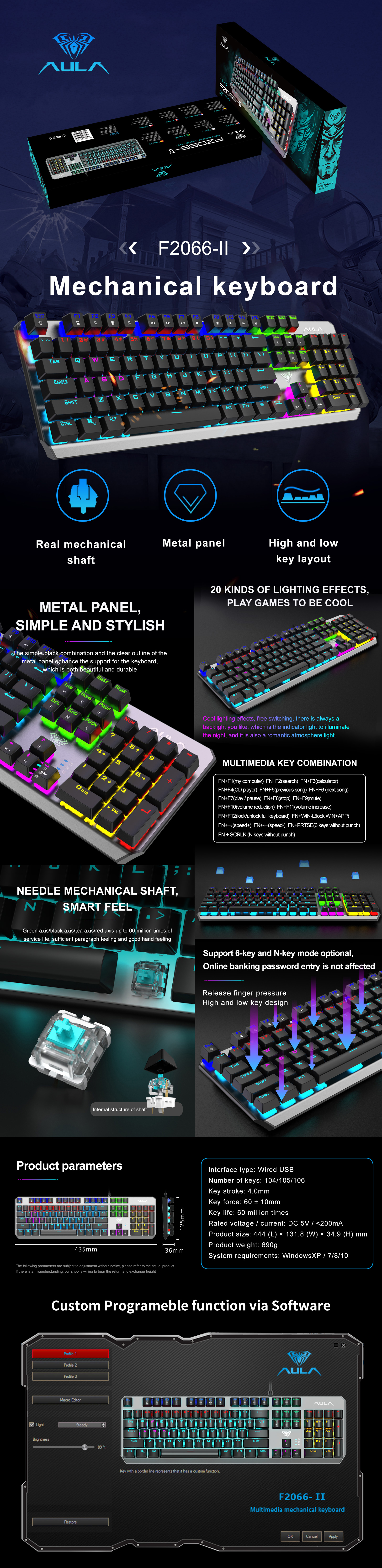 AULA F2066-II PC Portable Mechanical Keyboard, 104 Full Keys Gaming Wired RGB Keyboard for Gamers(图1)
