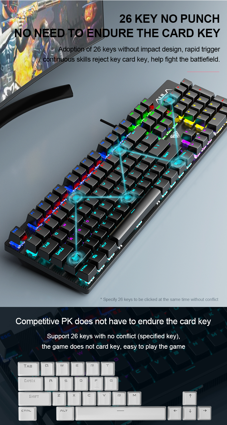 AULA S2022 Blue Mechanical Gaming Keyboard with Blue Switch,Full Size USB Wired Computer Keyboards(图10)