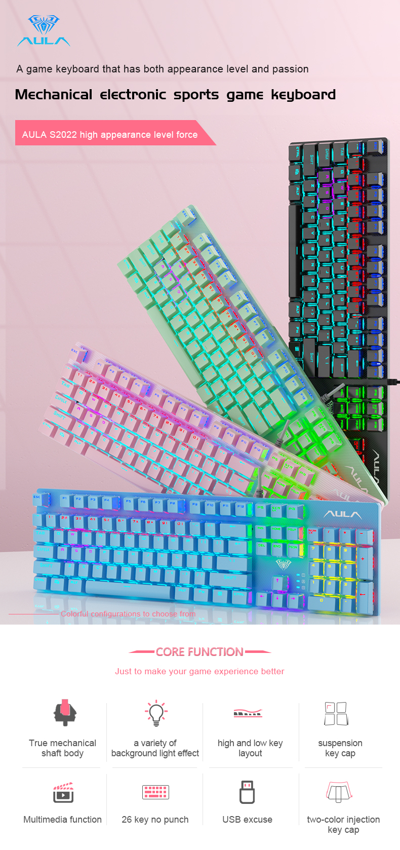 AULA S2022  Pink Full Size 104 Keys Wired Mechanical Keyboards with rainbow backlight for Desktop, Computer, PC(图1)