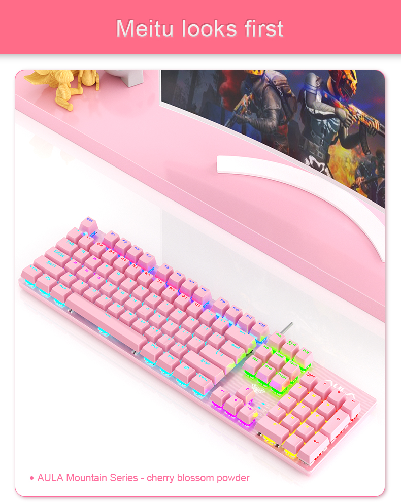 AULA S2022  Pink Full Size 104 Keys Wired Mechanical Keyboards with rainbow backlight for Desktop, Computer, PC(图2)