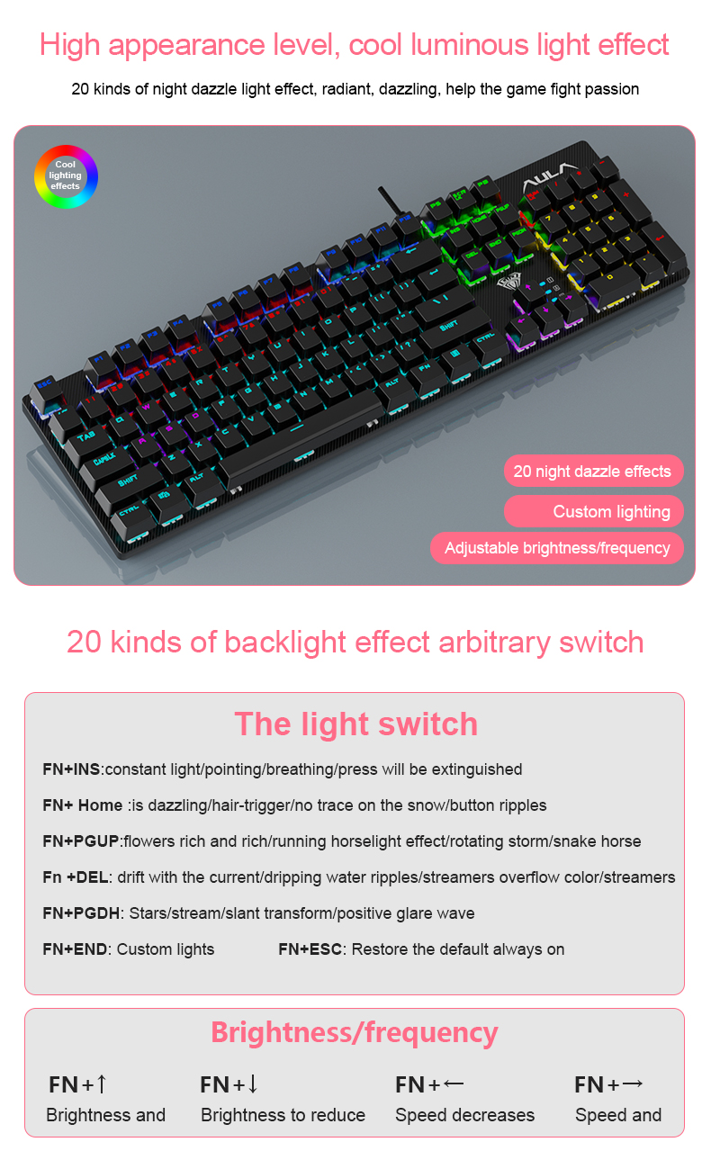 AULA S2022  Pink Full Size 104 Keys Wired Mechanical Keyboards with rainbow backlight for Desktop, Computer, PC(图13)