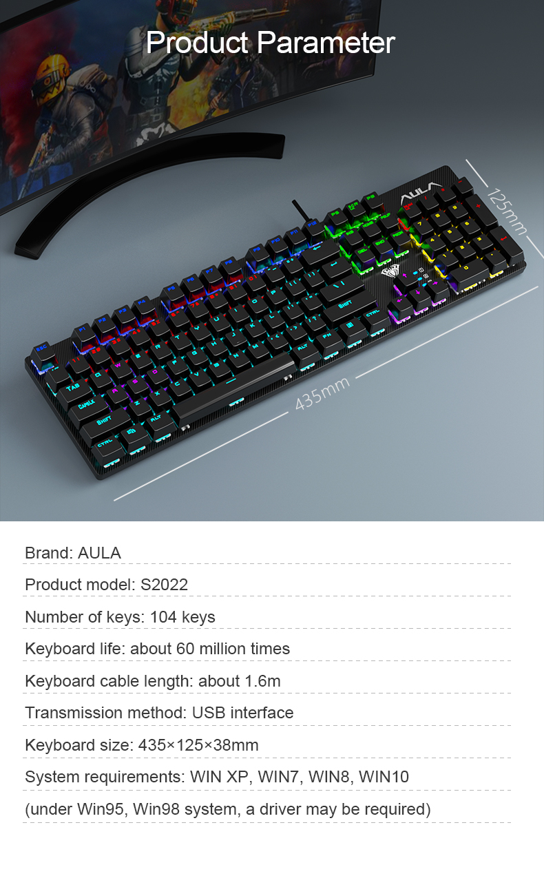 AULA S2022  Pink Full Size 104 Keys Wired Mechanical Keyboards with rainbow backlight for Desktop, Computer, PC(图14)