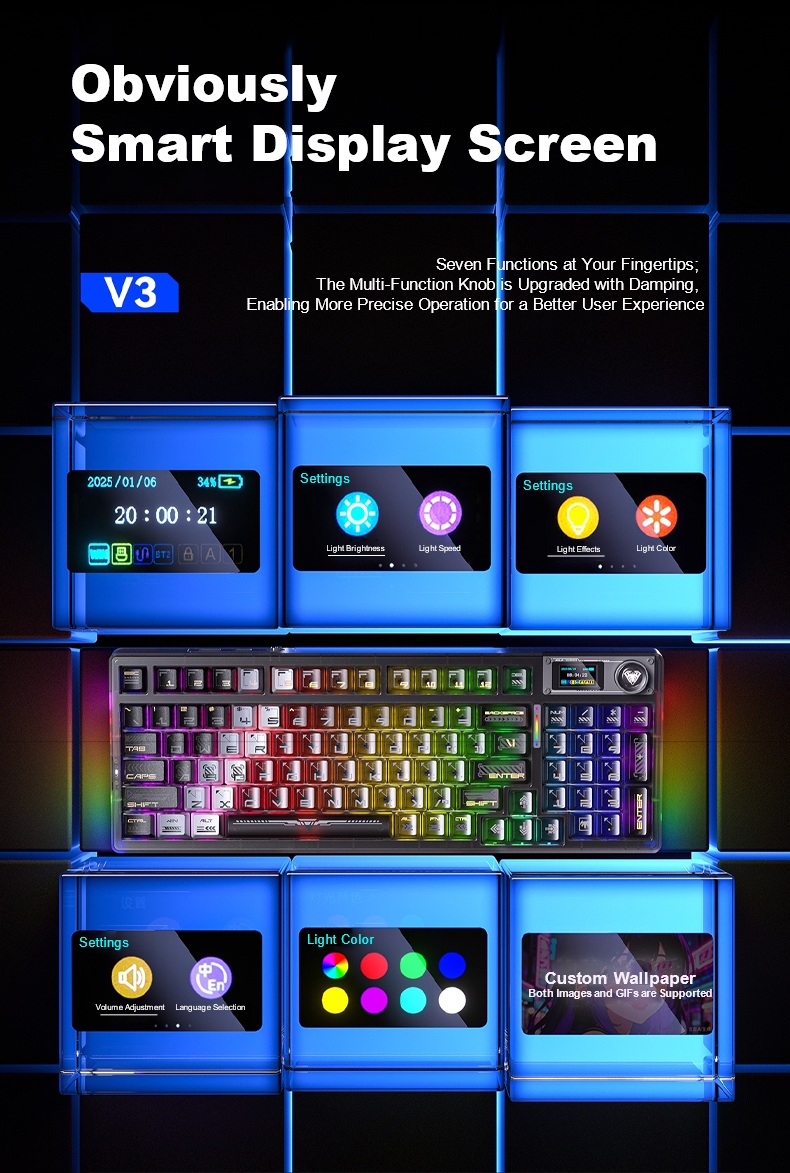 AULA F98PRO V3 Tri-Mode Smart Screen Customizable Keyboard(图5) AULA F98PRO V3 Tri-Mode Smart Screen Customizable Keyboard(图5)