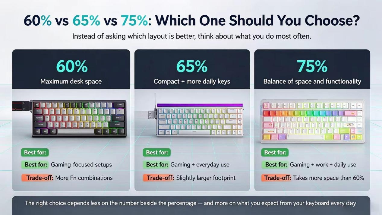 60% vs 65% vs 75% Keyboard: Which Layout Is Right for You?(图2) 60% vs 65% vs 75% Keyboard: Which Layout Is Right for You?(图2)